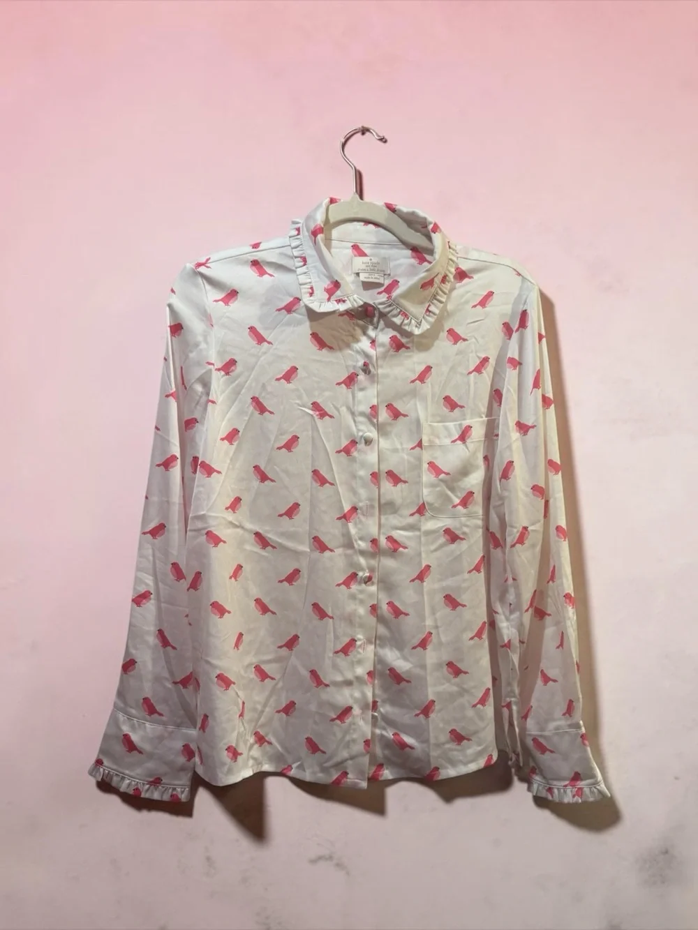 kate spade dream a little dream pink bird print ruffle blouse pajama top M